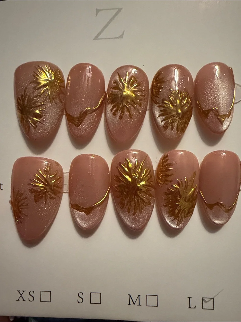 Neutral cateye Pink handmade acrylic Press-On Nails with Gold Floral Accents